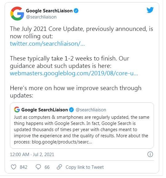 谷歌搜索2021年7月核心算法更新